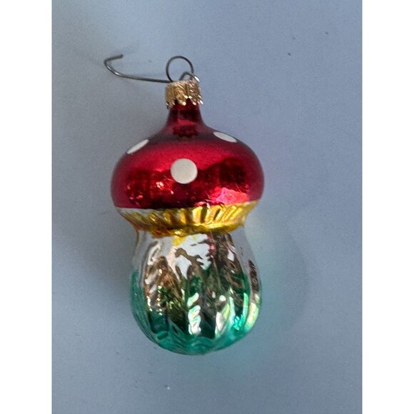 Vintage Blown Glass Red & Green Polka Dot Classic Mushroom Ornament 3" Columbia - Picture 6 of 7